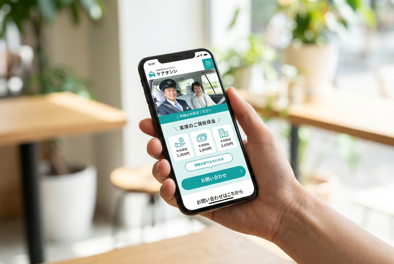 スマホで見やすいホームページ。料金・車いす対応・エリアが一目で分かり、フォームやLINEから直接依頼が届く